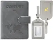 [YUNPYCHY] Passport Holder, Passport Organiser, Passport Cover, PU Leather Passport Cover + 2 Pieces Suitcase Tag, for Men and Women, Holiday Accessories, Travel Essentials (Grey), gray, 1, Letter Print