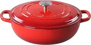 EDGING CASTING Enameled Cast Iron Dutch Oven Shallow Casserole Braiser with Dual Handle, 3.8 QT, Red