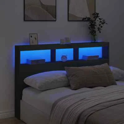 LED Lights Bed Headboard Wooden Frame Head Board Bedhead Black Queen Size 160cm
