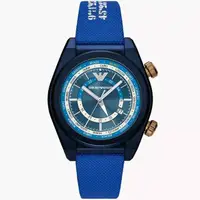在飛比找momo購物網優惠-【EMPORIO ARMANI】亞曼尼 雙時區蔚藍帆布手錶-