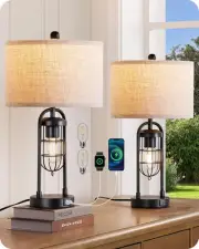 EDISHINE Farmhouse Table Lamp with Night Light, 22.84" Bedside Large, Black