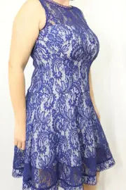 Tadashi Shoji Womens Size L Blue Lace Sleeveless Lined Zip Flare Dress MSRP $388
