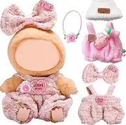 Pack of 5 Clothes for Labubu Doll, 17 cm Doll Clothes Accessories with Pink Jumpsuit, White Bear Hat, Miniature Camera Backpack, Hair Clip with Bow for Boys Girls Gifts (Without Doll)