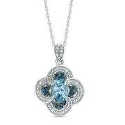Oval Blue Topaz and 0.13 CT. T.W. Enhanced Blue and White Natural Diamond Swirl Frame Clover Drop Pendant in Sterling Silver