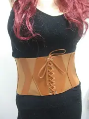 Fashionable Brown Camel Zig Zag Style Corset Belt With Cross Laces Size S M