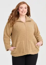 [Taking Shape] Taking Shape Teddy Zip Through Jacket Size 22 in Camel - Plus Size Women's Clothing Camel