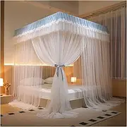 Luxurious 4 Corners Post Lace Princess Canopy Curtains - 360°dust-Proof Design, Washable Polyester for Girls & Adults - Fits Twin/Full/Queen/King Beds(White,180 * 220CM)