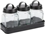 Farmhouse Country Glass Canister Set Galvanized Metal Lids w/ Tray Jars Storage