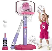 2 in 1 Toddler Basketball Hoop and T Ball Set with Automatic Pitching Machine - Adjustable Height, Kids Basketball Hoop Suit for Indoor/Outdoor, Sport Toys Gifts for Boys Age 3-8