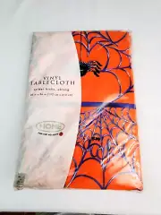 Vintage Vinyl Halloween Tablecloth Orange Purple Spiders & Web Design 60x 84__