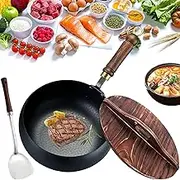 Uncoated Iron Pan, Hand-Forged Non-Stick Iron Pan, Irons Frying Pans, Round Bottom with Wooden Lid, Nonstick Wok Cooking Wood Handle, for Cooker Gas and Induction Cooker, Durable (24cm Style B)