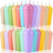 Hsei Reusable Glitter Tumbler Cups with Dome Lids and Straws 24 oz Plastic Tumbler Iced Coffee Cup Mug for Travel Birthdays Party Supplies(Stylish Colors,24 Pack)