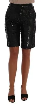 Dolce&Gabbana Women Bermuda Shorts Black Sequined Fashion High Waist Pants 2XS