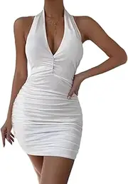 [Generic] Women's Sexy Halter Deep V Neck Backless Ruched Bodycon Wrap Cocktail Club Party Mini Dress