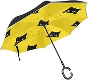 Double Layer Inverted Umbrella Cars Reverse Umbrella Black Kitten Cat Yellow Windproof UV Proof Travel Outdoor Umbrella