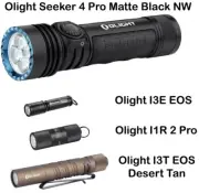 Olight Seeker 4 Pro Matte Black, I3T EOS Desert Tan, I1R 2 PRO, & I3E EOS Black