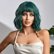 Wig Synthetic gradient wig short wave wig with air bangs shoulder long wig suitable for women curly wave heat-resistant synthetic color BOB wig (Green, 12inch)