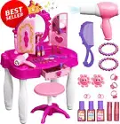 Toddler Makeup Table with Mirror & Chair - Kids Vanity Set with Lights, Music