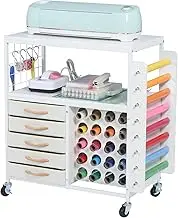 SMONTER Organization and Storage Craft Table for Cricut Machines, Rolling Cart Cabinet with 28 Vinyl Roll Holders and 5 Drawers, Heat Press Stand Crafting Storage Cart with Hooks