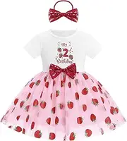 [ODASDO] Baby Girls Strawberry 1st 2nd 3rd Birthday Dress Cotton Short Sleeve Tulle Tutu Dresses with Bowknot Headband Set