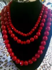 Vintage Miriam Haskell Red Bead Necklace Metal Back Closure 3 Tier New With Tag
