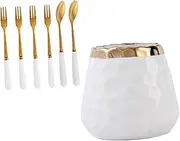 Gatuida 1 Set Stainless Steel Fruit Fork and Spoon Set with Ceramic Storage Jar Forks Spoons for Desserts Appetizers and Fruits Kitchen Utensils for Home and Parties