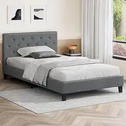 ALFORDSON Bed Frame Base King Single Size Madelyn Series, Mattress Topper Platform Foundation with Linen Fabric Upholstery for Bedroom, Fabric Grey