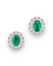 Emerald and Diamond Oval Stud Earrings in 14K White Gold