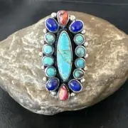 Cluster Blue Turquoise Spiny Oyster Lapis Sterling Silver Ring Size 6.5 18566