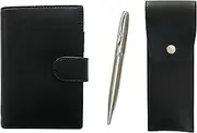 Eco B7 Leather Mini Notebook and Round Button Pen Case Black Elegant Silver Rotating Ballpoint Pen Set LS002B-BRSB-LF01CB