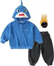 [DUDUFUN] Unisex Kids Boys Girls Shark Penguin Thermal Long Sleeve Top Pants Set Warm Autumn Winter Two Piece Outdoor Set,6 Months-5 Years Old, Blue, 3-4 Years