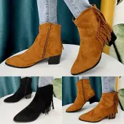 Short Tassels Fashion Heels Shoes Retro Boots Chunky High Women's Breathable New