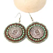 Turquoise Dark Red Bead Stitched Round Circle Earrings