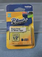 NEW BROTHER M-231 BLACK PRINT ON WHITE TAPE 1/2" M TAPES FOR P-TOUCH LABELERS