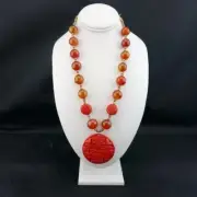 KJL Kenneth Jay Lane Asian Lotus Carved Red Cinnabar Canton Pendant Necklace