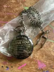 1.75” Engraved “To My Son” “Love Mom” Black Pocket Watch On 12” Chain With Hook