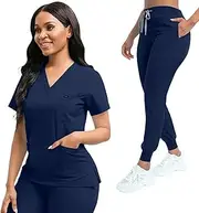 [YEZEX] Scrubs for Women Set,Women's V-Neck Top & Jogger Scrub Pants,Nursing Uniform Scrubs Set with 8 Pockets(Dark Blue)
