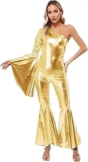 [Yeahdor] Women's Shiny Metallic 70s Disco Costume Jumpsuits Flare Sleeve Bell Bottom Dance Bodysuit