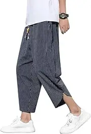 [DOSLAVIDA] Men's Casual Elastic Waist Linen Capri Pants Wide Leg Baggy Cotton Harem Yoga Trousers Loose Patchwork Shorts