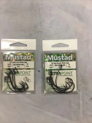 2 Packs of Mustad Wide Gap Worm Hooks 1/0, 2/0 NIP