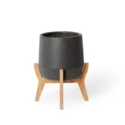 E Style Lawson 33cm Ceramic/Wood Plant Pot w/ Stand Round Home Decor Black
