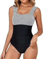 [VECENEY] One Piece Bathing Suit for Women Tummy Control Swimsuits Square Neck Ruched Modest Swimwear