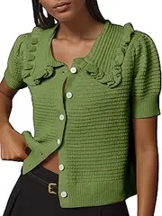 [Ythomm] Womens Summer Sweaters Ruffle Collared Lantern Short Sleeve Crochet Knit Sweater Tops Cute Button Open Front Cardigans, Green, Small
