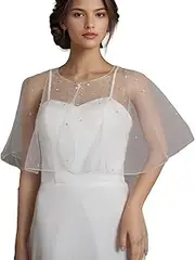 [LOVFOIVER] Pearl Shawl for Women, Soft Tulle Capes and Wraps for Evening Dress Wedding Party Bolero Cover Up