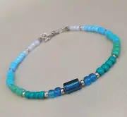Blue Green Glass Seed Beads Anklet or Necklace Beaded Boho Summer Jewelry Women