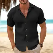 Men's Shirt Summer Shirt Beach Wear Button Up Shirt Black White Pink Blue Khaki Short Sleeve Plain Lapel Casual Daily Clothing Apparel Cotton And Linen Fashion