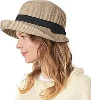 [CHARM] Womens Summer Sun Hat - Ribbon Straw Hat UV Protect SPF Beach Wide Brim
