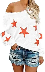 [COCOLEGGINGS] Women's Scoop Neck Long Sleeve Star Pullover Sweater Tunic Tops