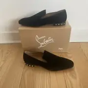 Christian Louboutin Marquees Black Leather Velvet Spike Smoking Slipper Shoes 45