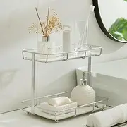 Dobbyby Bathroom Organizer Countertop Perfume Organizer Makeup Organizer Cosmetics Storage Display Rack 2 Tier Vanity Tray Dresser Stainless Steel Sliver Shelf White Marble Print Ceramic Tray L